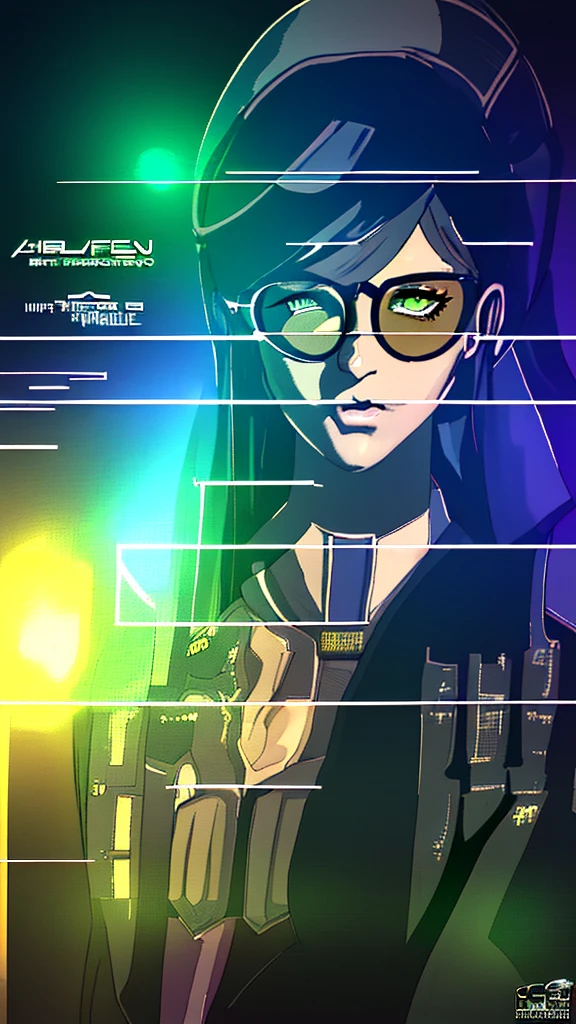 (cyberpunk military scientist:1) (1 woman) Dark theme :: focus on foreground face, curious face, Cara de Katee Sackhoff, ultra realistic futuristic cyberpunk tall athletic woman, :: medium green hair, futuristic glasses nerd :: inside the cyberpunk office :: brown eyes :: natural lighting :: bokeh :: 8k :: Best Quality :: Masterpiece :: incredibly detailed:1.5