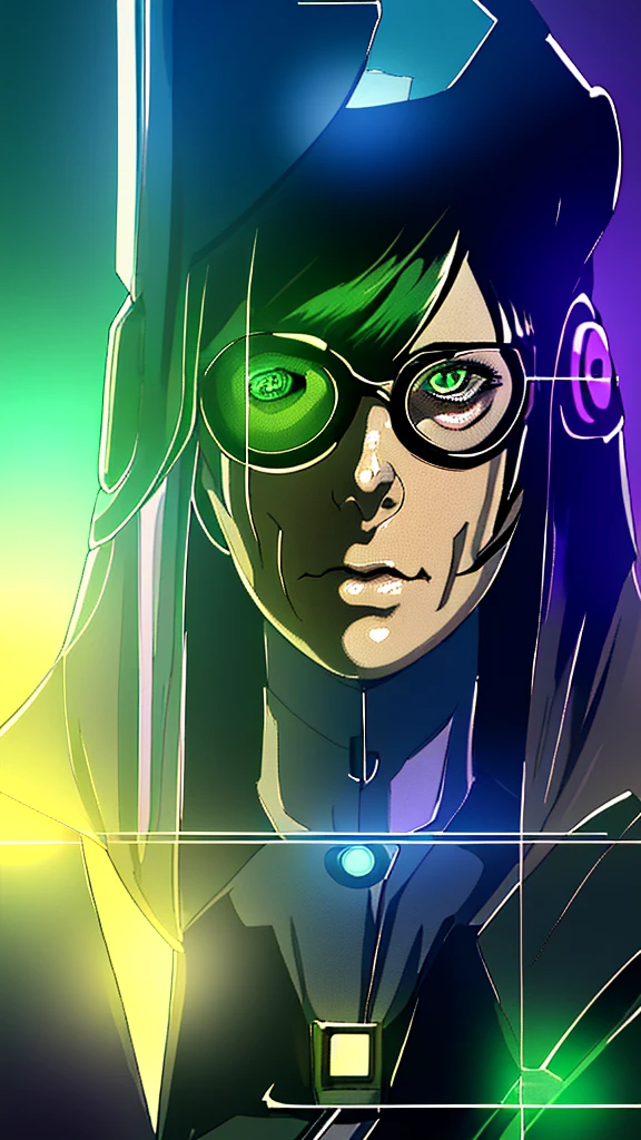 (cyberpunk military scientist:1) (1 woman) Dark theme :: focus on foreground face, curious face, Cara de Katee Sackhoff, ultra realistic futuristic cyberpunk tall athletic woman, :: medium green hair, futuristic glasses nerd :: inside the cyberpunk office :: brown eyes :: natural lighting :: bokeh :: 8k :: Best Quality :: Masterpiece :: incredibly detailed:1.5