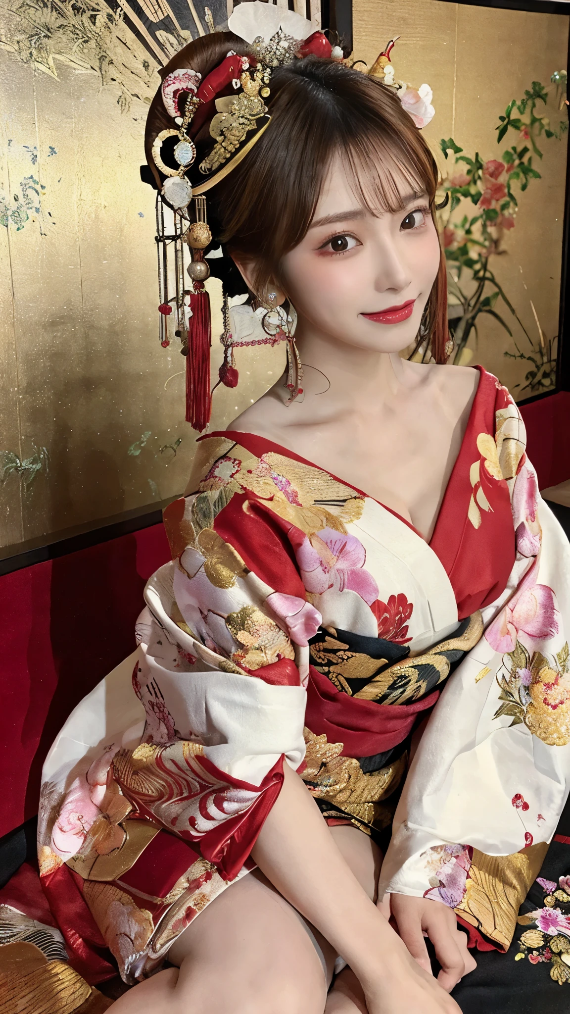 (Detailed skin:1.2),(Shiny skin:1.1),8K,Highest quality, masterpiece, Ultra-high resolution,(Realistic:1.4), RAW Photos,(Soft saturation:1.3),(Fair skin:1.2),Half-Japanese beauty,repair,20 years, Light brown hair, (Up-Hairstyles:1.2), Asymmetrical Hair, (Pretty face:1.4), (Large Breasts, Tight waist), Beautiful lighting, (Sexy Oiran:1.2,),Highly detailed face, Highly detailed lips, fine grain, double eyelid, (Sharp focus: 1.2), (Perfect Anatomy),(Beautiful woman with perfect figure: 1.2)、Exposing cleavage、Random sexy poses,(Accentuate your leg lines:1.1)、kimono、Sharp Eyes,smile、Gorgeous hair ornament、Japanese style background