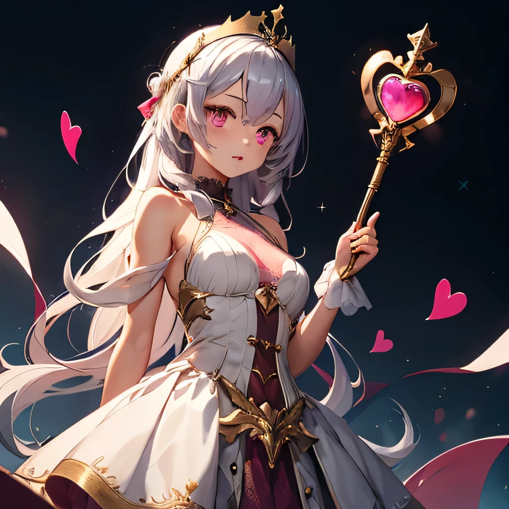 1 person、Girl、Silver Hair、Pink Eyes、hair longer than shoulders、Pink Mesh、Lace dress、Cute little crown、Golden crown、Cane in hand、The tip of the wand is a heart、Hearts are pink