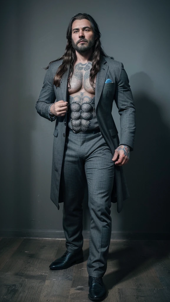 a full body photo of a (((croockerd and curved man))) with long hair and a beard wearing a classic black suit and a long tail cloack,(((Blue grey skin))), curved crooked body