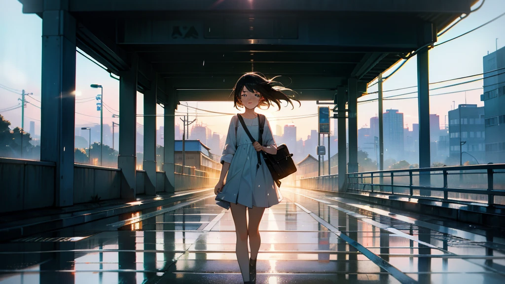Girl on the road overpass,smile,Early in the morning,It was just raining lightly,Clear air,Sunlight and rainwater on the road reflect off the buildings,The screen is displayed from top to bottom,Background in cool tones