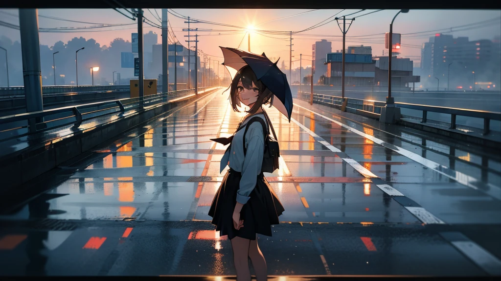  the road overpass,smile,Early in the morning,It was just raining lightly,Clear air,Sunlight and rainwater on the road reflect off the buildings,The screen is displayed from top to bottom,Background in cool tones