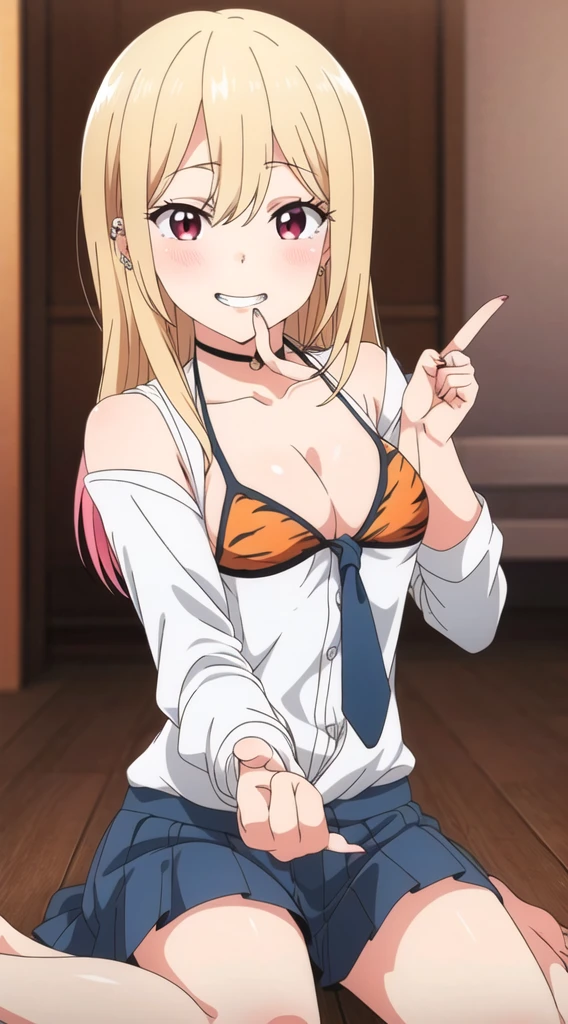 1girl,kitagawa marin,smile,(blonde hair:1.2),solo,shirt,choker,necktie,long hair,red eyes,jewelry,looking at viewer,,grin,(white shirt:1.2),earrings,black choker,bag,ear piercing,blush,piercing,bangs,blurry background,collared shirt,school bag,blurry,upper body,multicolored hair,nail polish,sparkle,long fingernails,fingernails,v,pink nails,selfie,gyaru,fake nails,small_breasts,sleeves rolled up,barbell piercing,black necktie,gradient hair,teeth,lace choker,collarbone,pocket,blue necktie,reaching towards viewer,long sleeves,(Five fingers:1.5),(fingers of detail:1.5),victory,1girl, (masterpiece, high resolution, ultra detailed, 8k, highest quality, photorealistic), illustration, anime colored, solo, (long hair, green hair, straight hair, silky hair), (green eyes, jewelry eyes, long eyelashes), (wearing black and orange bikini:1.5, tiger pattern bikini), blue sky, sunlight, full body, bare shoulders, collorbone, (large breasts), cleavage, looking at viewer, make eyes, embarrassed, to be charming, front view:1.5, (sitting on the glass, wariza), barefoot, (put finger on chin), no expression, smile, from front,