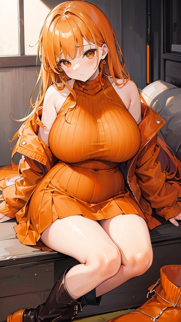 Best quality, Ultra-high resolution, ((orange color:1.3)), 1 girl, Beautiful woman, plump big breasts, Off-the-shoulder knit, Jacket, mini skirt, boots, Casual, orange colors（（Very large breasts）），（（Grooves reveal original skin））