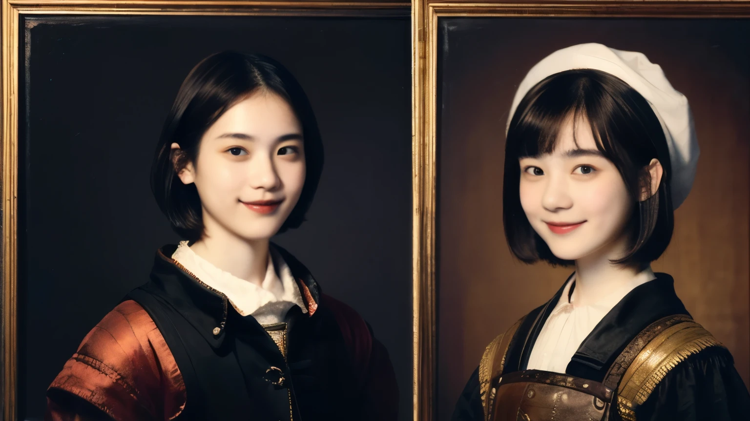 252 (An 18-year-old female and an 18-year-old male), (short hair),kind, lipstick, (Rembrandt-style painting), smile