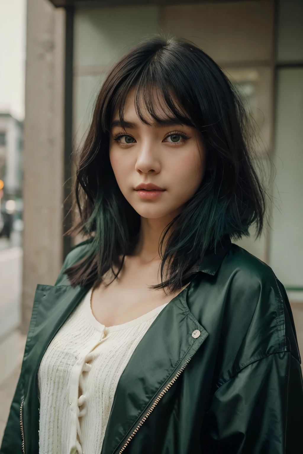 a girl with long wolf cut hairstyle, green and black hair, looking forward, beautiful face, masterpiece, best quality, wearing oversized jacket clothing, korean girl, green eyes, masterpiece, portrait.