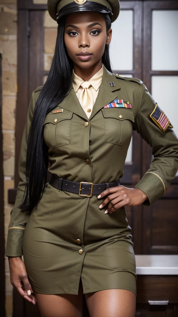 arafed woman (), detailed curly black hair, hourglass figure, athletic build, tan skin, soft lighting, 1940s army captain outfit, hat,military jacket,white shirt and neck tie,ribbons and medals,vintage soldier, detailed outfit, exterior battlefield, adult woman, beautiful woman, gorgeous, woman, full body, sexy woman,WWII vintage Army officer's khaki dress uniform