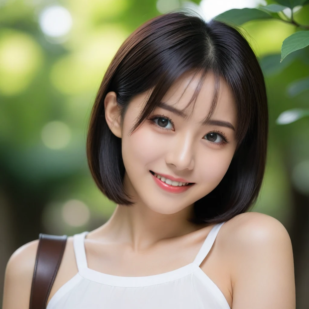 8K, Ultra-high resolution, Highest quality, masterpiece, 三分割法によるphotograph,Surreal, photograph, 1 Girl, (16 years old:1.3), pretty girl, Cute face, Beautiful eyes in every detail, 細かくdetailedに,masterpiece,, One Girl:1.2, Japan Female Announcer,FACE CLOSE UP,Outdoor,street tree,White blouse,The chest buttons are open,Refreshing sweat,Full of sex appeal,Sensual,A carefree smile,Heal the heart,Black Hair,Short Bob,Looking at the audience、beauty,Long neck、Laugh a little、Please close your mouth and laugh、(((Ideal body type))),A cup small breasts :2,、Portraiture:2、Perfect Anatomy、鮮明なdetailed、detailed、Surreal、Light and shadow,Strong light