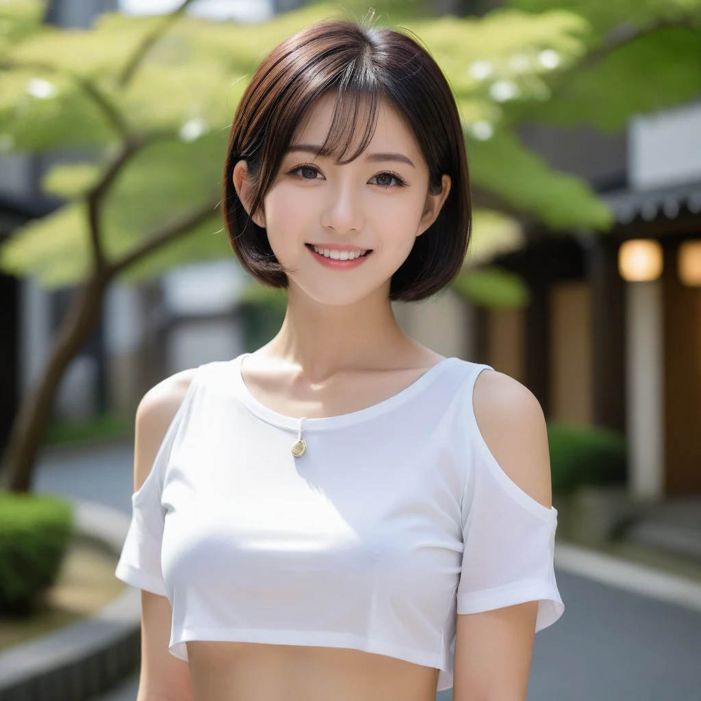 8K, Ultra-high resolution, Highest quality, masterpiece, 三分割法によるphotograph,Surreal, photograph, 1 Girl, (16 years old:1.3), pretty girl, Cute face, Beautiful eyes in every detail, 細かくdetailedに,masterpiece,, One Girl:1.2, Japan Female Announcer,FACE CLOSE UP,Outdoor,street tree,White blouse,The chest buttons are open,Refreshing sweat,Full of sex appeal,Sensual,A carefree smile,Heal the heart,Black Hair,Short Bob,Looking at the audience、beauty,Long neck、Laugh a little、Please close your mouth and laugh、(((Ideal body type))),A cup small breasts :2,、Portraiture:2、Perfect Anatomy、鮮明なdetailed、detailed、Surreal、Light and shadow,Strong light