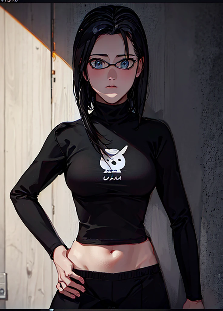 girl, wearing a black t-shirt and sweatpants, short black hair