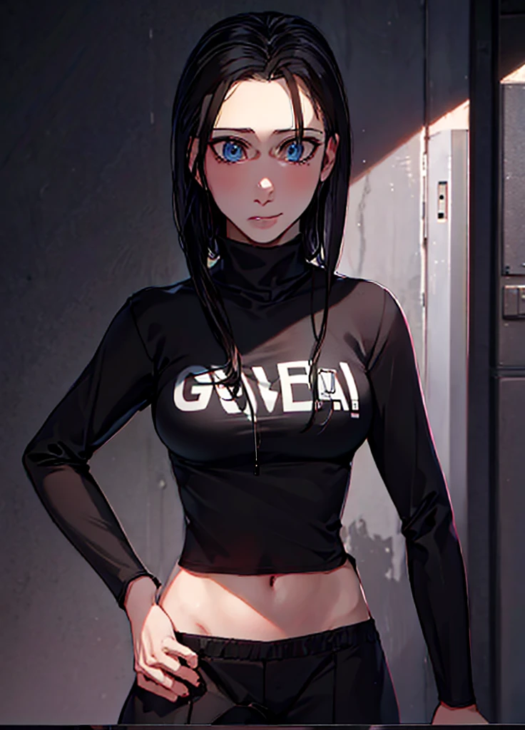 girl, wearing a black t-shirt and sweatpants, short black hair