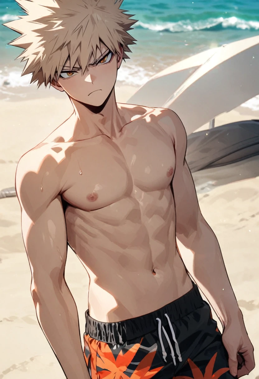 Create shirtless bakugou by taking off your beach shorts
