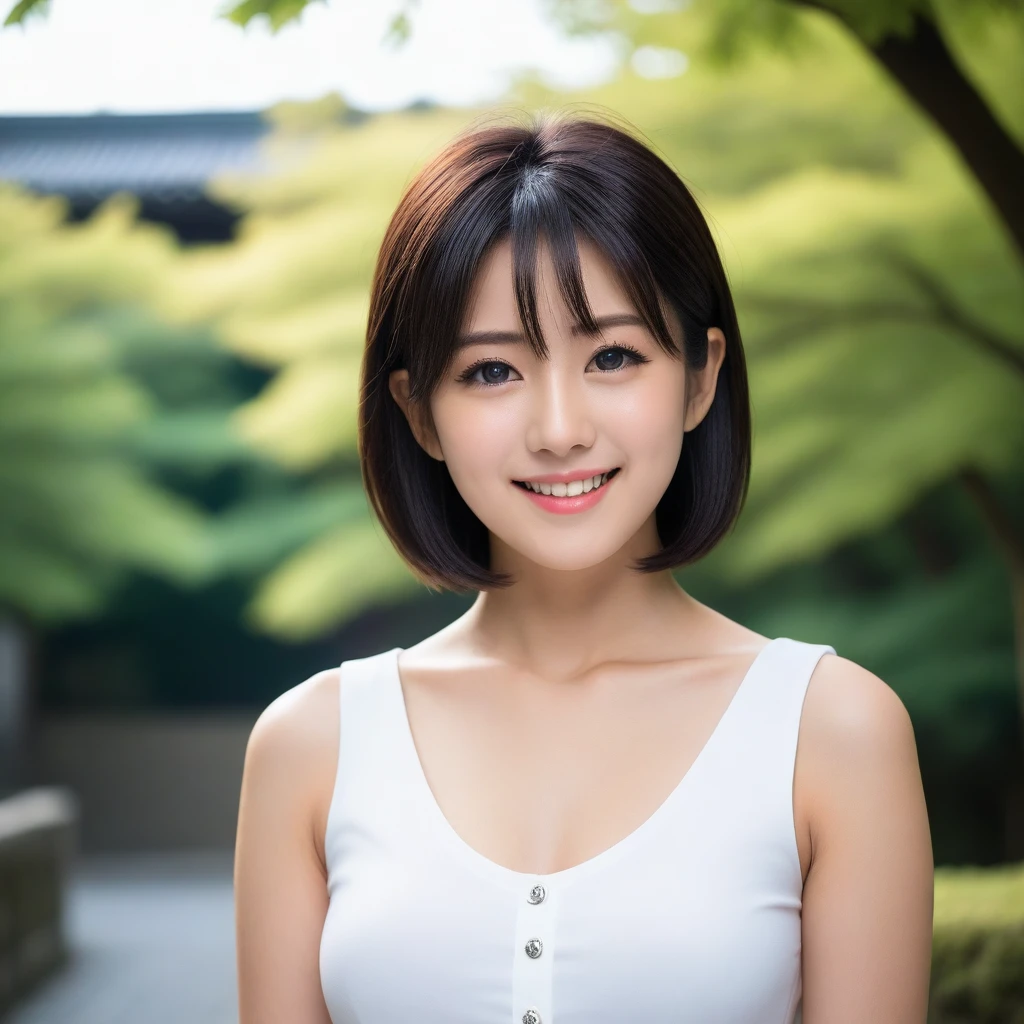 8K, Ultra-high resolution, Highest quality, masterpiece, 三分割法によるphotograph,Surreal, photograph, 1 Girl, (16 years old:1.3), pretty girl, Cute face, Beautiful eyes in every detail, 細かくdetailedに,masterpiece,, One Girl:1.2, Japan Female Announcer,FACE CLOSE UP,Outdoor,street tree,White blouse,The chest buttons are open,Refreshing sweat,Full of sex appeal,Sensual,A carefree smile,Heal the heart,Black Hair,Short Bob,Looking at the audience、beauty,Long neck、Laugh a little、Please close your mouth and laugh、(((Ideal body type))),A cup small breasts :2,、Portraiture:2、Perfect Anatomy、鮮明なdetailed、detailed、Surreal、Light and shadow,Strong light