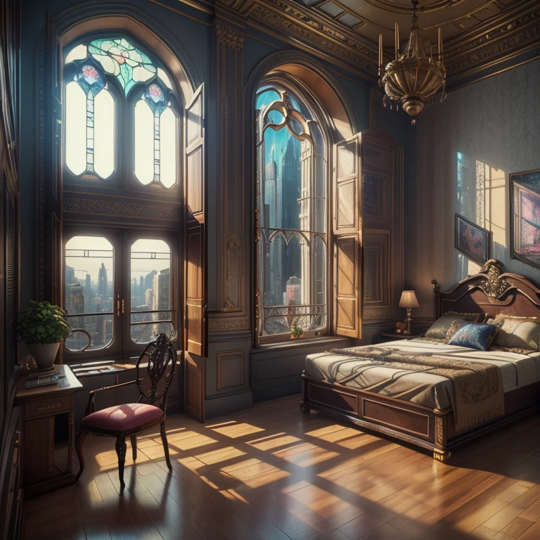 (((Generate an ornate bedroom in the style of Versailles with a big historical window.))) A hyperrealistic cyberpunk dreamscape cityscape is in the window. The cityscape is extremely detailed with many lights and LED neon colors, the Night, and buildings of many different sizes. The cityscape has all colors of the rainbow and has hires interesting flying steampunk dirigibles. ((The cityscape is colorful.)) A giant steampunk standalone clock is seen ((through the window)). It is peaceful in the bedroom. The entire artwork is very realistic with many small details and enhancements. 3D render beeple, artstation and beeple highly, in fantasy sci-fi city, inspired by beeple, 8k, unreal engine unity CGI. Masterpiece and popular. Add many fantastical and beautiful details and nuances. (stained glass)