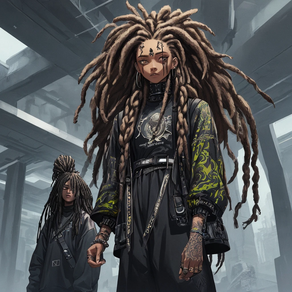 woman. mulatta. He has dreadlocks in his hair. has tattoos. He is wearing black clothes. futuristic scenery
