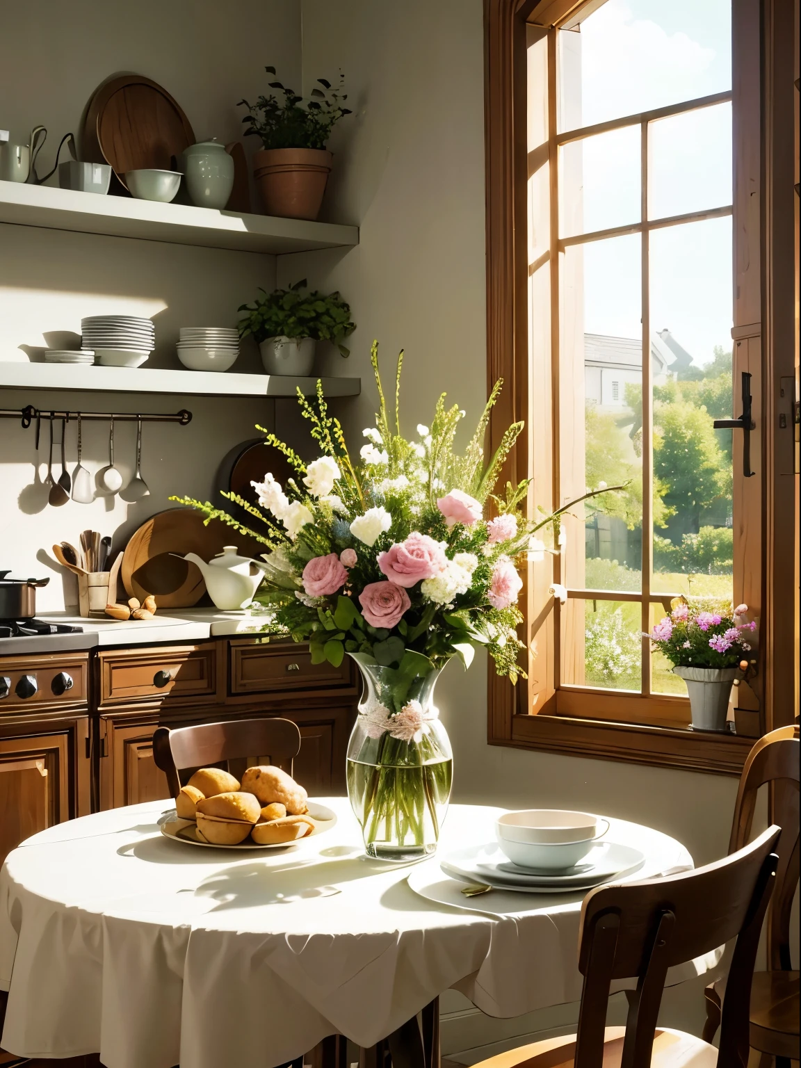 Table close-up,There is a vase of flowers on display, Comfortable environment, There is a French garden, Kitchen on a sunny day, french country decor, author:Bernard D'Andrea, Bright windows illuminate the kitchen, Architectural Digest, and Garden Magazine, House and garden, Architectural Digest photo, summer morning light, There are flowers and plants, (Floral watercolor:1.5)