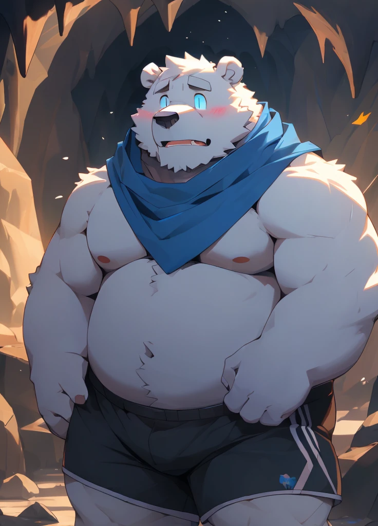 (masterpiece)，(Very detailed)，(best quality)，hairy，Adult polar bear，White fur，Chubby body，Blue pupils，(In the cave)，((Blue scarf))，(Wearing shorts)，(blush:1.1)，(Fall into evil)，(Empty eyes)，((Distracted expression))，(high quality)，(Ultra HD)，(Extremely detailed)