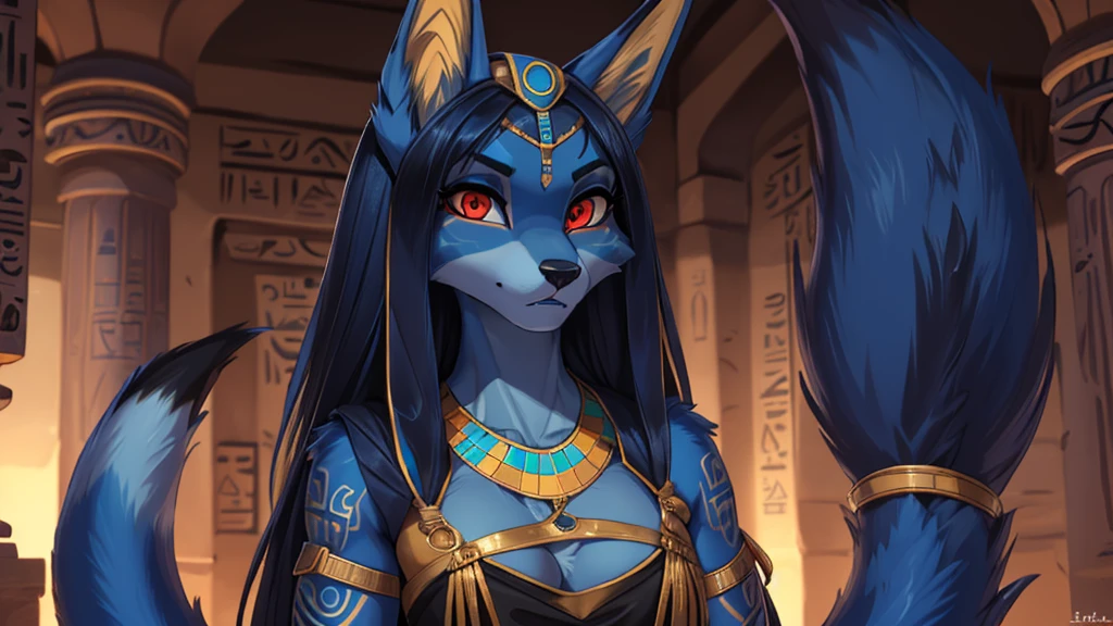 Highres adolescente, zorra add_details:1, furry, dark blue skin with aqua blue, hairy,Anubis, egyptian goddess, arabic clothing(high tail reveal, Fox tail,long hair normal bust, blue tattoos, Red eyes, realistic pupils add_detailsl:1, High Definition, long blue tail, blue fur