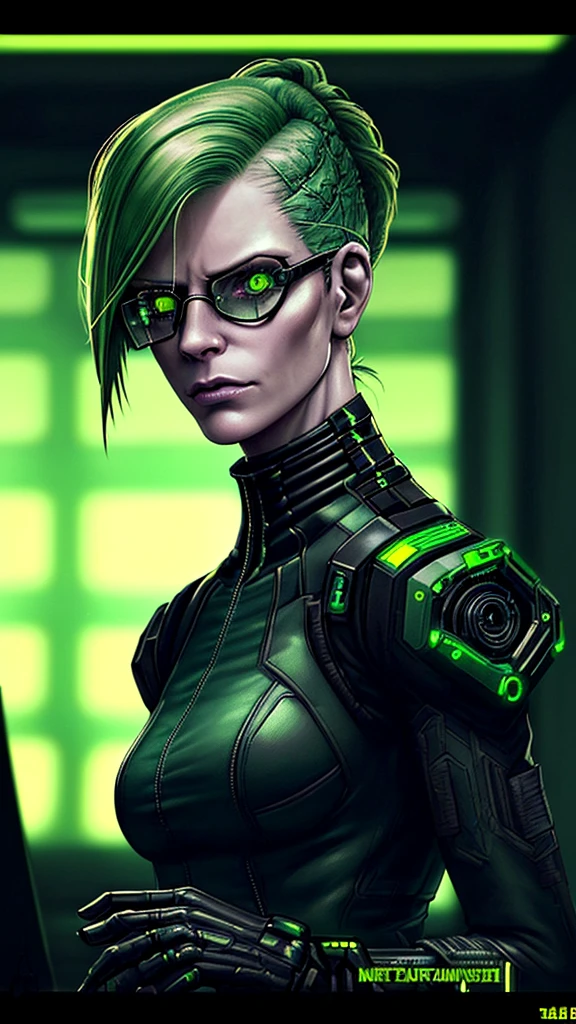 (cyberpunk military scientist:1) (1 woman) Dark theme :: focus on foreground face, curious face, Cara de Katee Sackhoff, ultra realistic futuristic cyberpunk tall athletic woman, :: medium green hair, futuristic glasses nerd :: inside the cyberpunk office :: brown eyes :: natural lighting :: bokeh :: 8k :: Best Quality :: Masterpiece :: incredibly detailed:1.5
