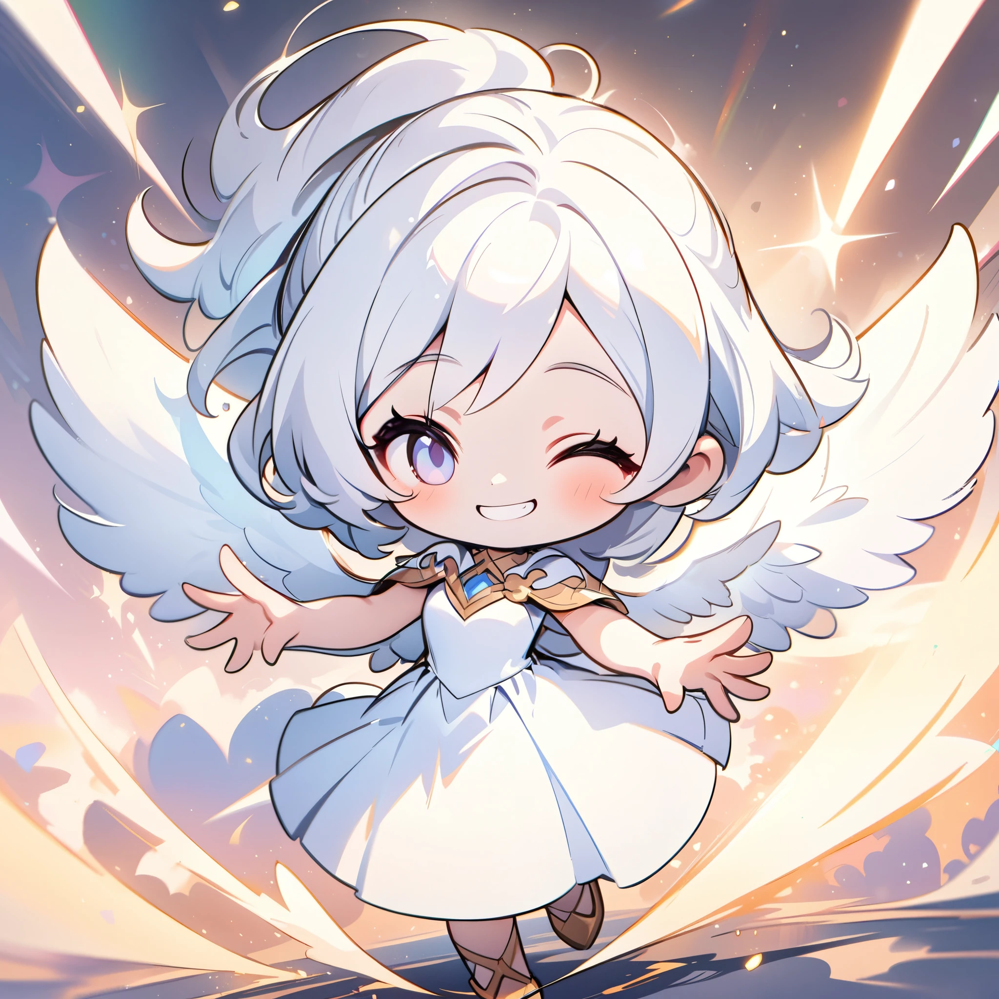 (high quality, 8K, 4K, Deformation, High Contrast, masterpiece:1.2, 最high quality, Best aesthetics), ((White Angel:1.1)), Chibi, Chibiキャラ, A well-balanced and correct appearance, Balanced, (Spreading his white wings:1.4), Long silver hair, White Dress, Pale skin, Beautiful woman, Cute angel, (Cute Smile:1.6), Cute art, Fancy, Background of dancing light particles, Ultra-fine Illustration.