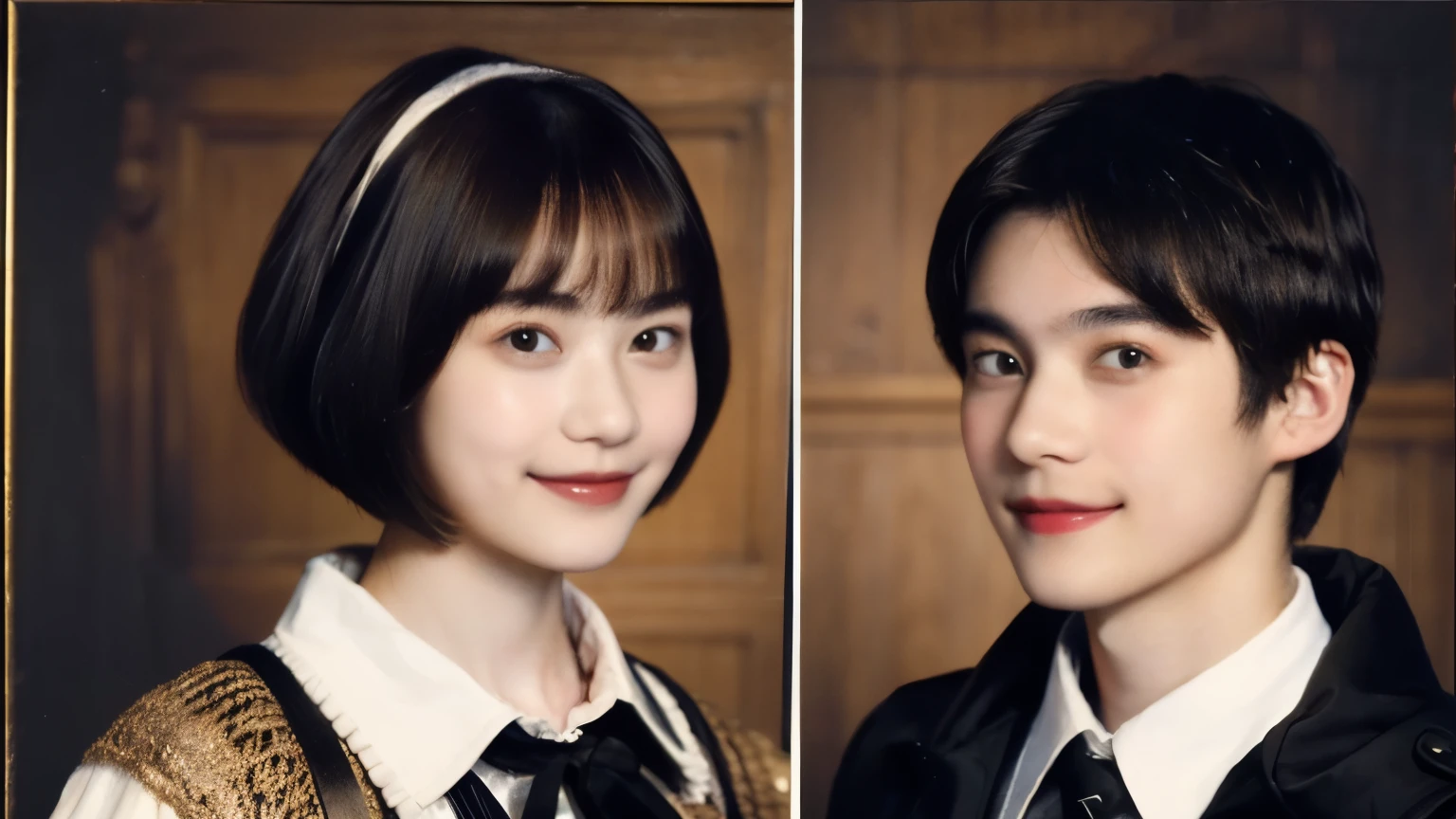 252 (An 18-year-old female and an 18-year-old male), (short hair),kind, lipstick, (Rembrandt-style painting), smile