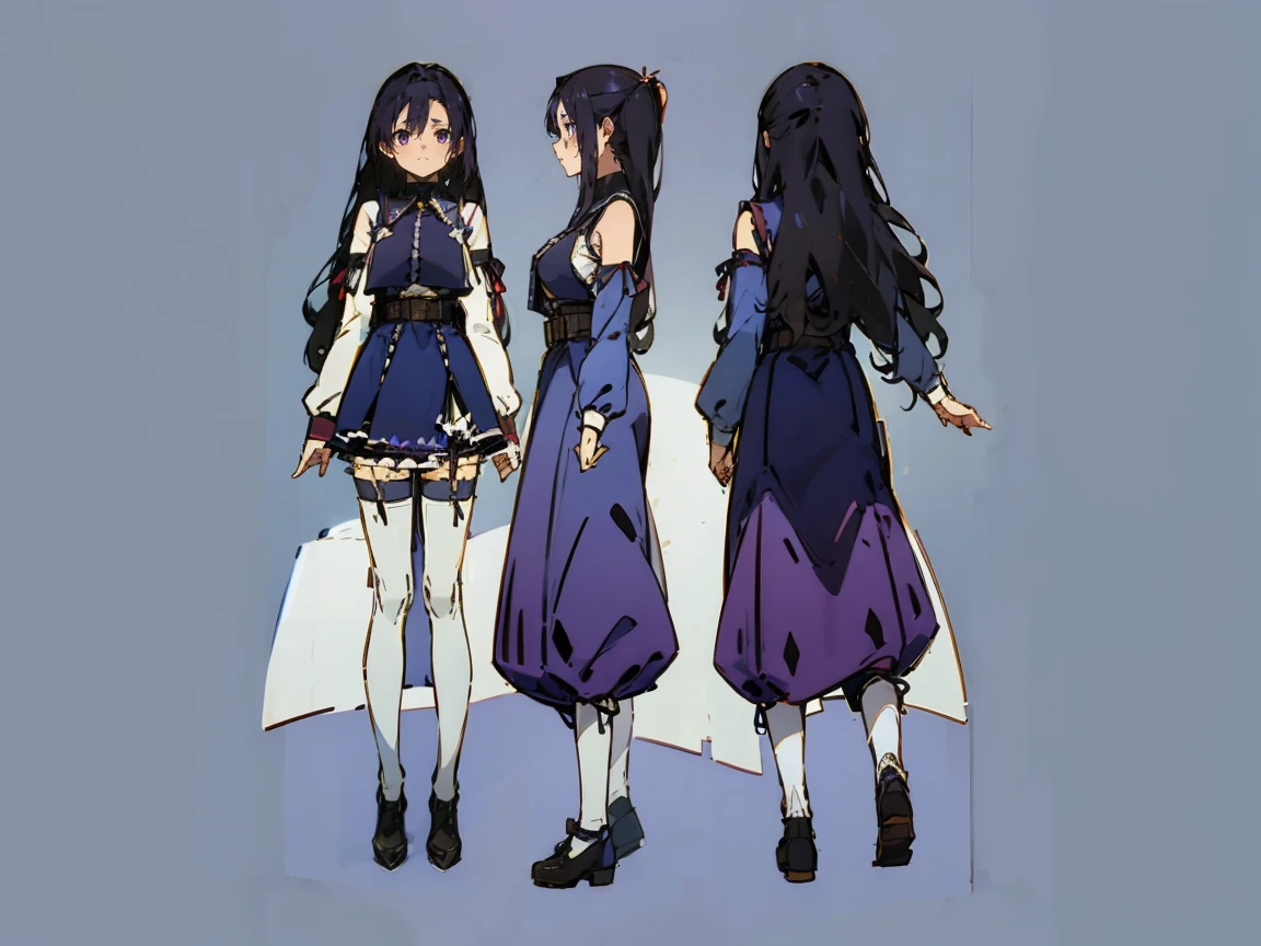 (((three-sided view, front view, side view, back view, multiple views, multiple poses and expressions, many parts)), concept art, character concept art, character sheet, Full body, illustration, (simple background, gray background), 1 character, 1girl, fantasy art:1.1), (reo mikage:0.7), blue lock, girls with((black hair, bangs, (one side up, long wavy hair, ribbon:1.55), perfect hands, perfect fingers, (exposed breasts, tits cleavage, breasts close up:1.2), dress((suspenders, dress, belt, nun:1.15), (blue clothes, frills shirt, no sleeves, sleeveless, frills panniers, long sleeves, white legwear, thighhighs, single thighhighs, single legwear, black footwear, strap shoes:1.42))