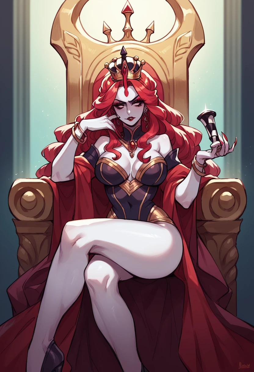 A beautiful woman sitting on a throne, pale skin and flowing red hair, dutchess in modest adornment, evil queen, modest clothing