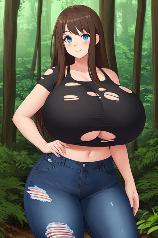 A Cute Girl, Lush Long Brown Hair, Beautiful Blue Eyes, Broad Hips, (((Incredibly Enormous Breasts))), (has a slim, but still very curvy figure), (Black Crop-Top), (Torn Jeans), in the forest,