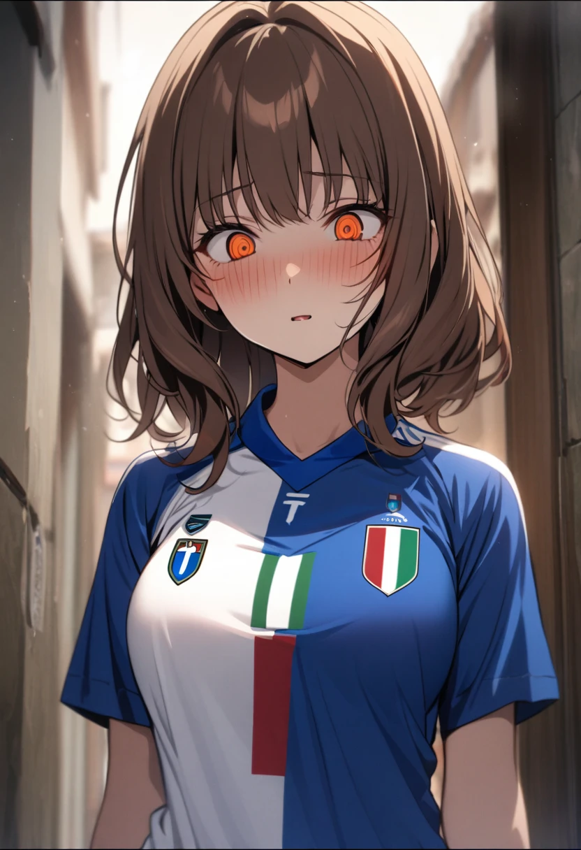 girl, beautiful, brown hair, orange eyes, breasts, italy soccer shirt, blue shirt, red bow, yandere, medium hair