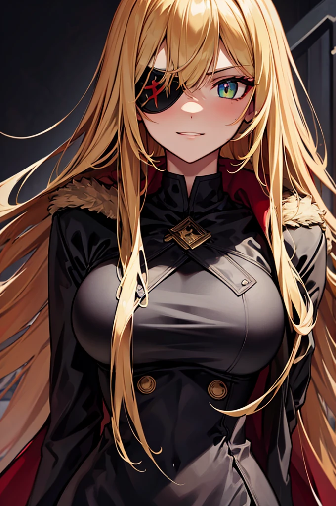 ((masterpiece)), ((best quality)), 1girl, adult, long hair, ((blonde hair)), very long blonde hair, ((intimidant look)), ((close-up)), profile image, green eyes, black and red clothes, sexy, dark colors, brillant eyes, ((coat with fur)), ((wavy hair)), exposed skin, ((sexy pose)), ((intimidant look)), good anatomy, ((dark sage clothes)), ((straight cut bangs)), emotionless, intimidant, ((beautiful eyes)), dark background, close up, ((detailed eyes)), beautiful eyes, ((detailed face)), hair bang, frontal look, evil, relaxed, smile, magical goddess othinus, detailed face, eyepatch, full body, ((detailed))