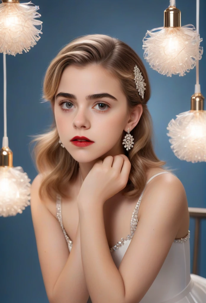 1girl, Kiernan Shipka, full length portrait, beautiful detailed eyes, beautiful detailed lips, extremely detailed face and eyes, long eyelashes, university of michigan cheerleader uniform, sheer shiny shimmering silky tan pantyhose, 5 inch white high heeled pumps, holding pompoms, studio photo shoot, red lipstick, long dangling earrings, hair in ponytail, glamour photo shoot, (best quality,4k,8k,highres,masterpiece:1.2),ultra-detailed,(realistic,photorealistic,photo-realistic:1.37),HDR,UHD,studio lighting,ultra-fine painting,sharp focus,physically-based rendering,extreme detail description,professional,vivid colors,bokeh