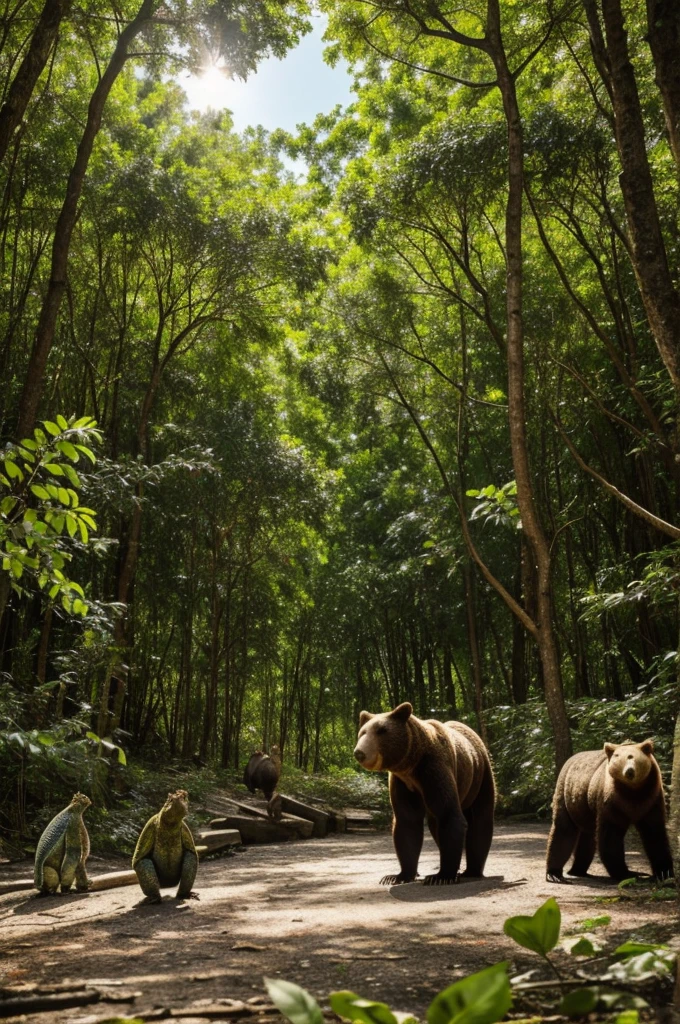 A bear with his friends, a bird, a turkey and an iguana in a very beautiful and beautiful forest who live harmoniously and in peace