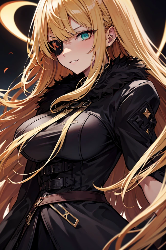 ((masterpiece)), ((best quality)), 1girl, adult, long hair, ((blonde hair)), very long blonde hair, ((intimidant look)), ((close-up)), profile image, green eyes, black and red clothes, sexy, dark colors, brillant eyes, ((coat with fur)), ((wavy hair)), exposed skin, ((sexy pose)), ((intimidant look)), good anatomy, ((dark sage clothes)), ((straight cut bangs)), emotionless, intimidant, ((beautiful eyes)), dark background, close up, ((detailed eyes)), beautiful eyes, ((detailed face)), hair bang, frontal look, evil, relaxed, smile, magical goddess othinus, detailed face, eyepatch, full body, ((detailed))