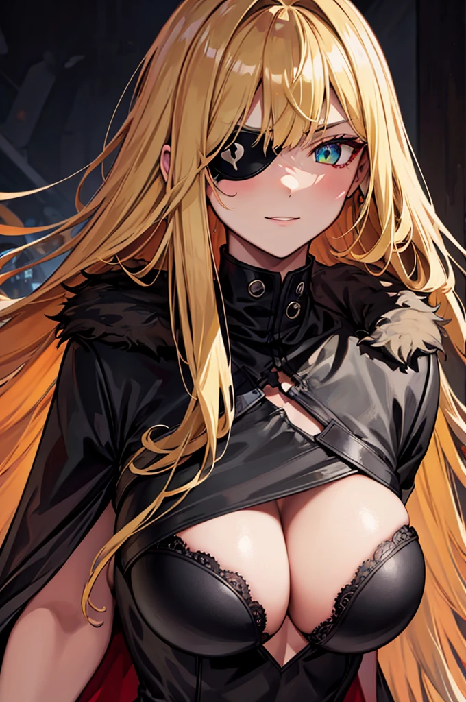 ((masterpiece)), ((best quality)), 1girl, adult, long hair, ((blonde hair)), very long blonde hair, ((intimidant look)), ((close-up)), profile image, green eyes, black and red clothes, sexy, dark colors, brillant eyes, ((coat with fur)), ((wavy hair)), exposed skin, ((sexy pose)), ((intimidant look)), good anatomy, ((dark sage clothes)), ((straight cut bangs)), emotionless, intimidant, ((beautiful eyes)), dark background, close up, ((detailed eyes)), beautiful eyes, ((detailed face)), hair bang, frontal look, evil, relaxed, smile, magical goddess othinus, detailed face, eyepatch, full body, ((detailed))