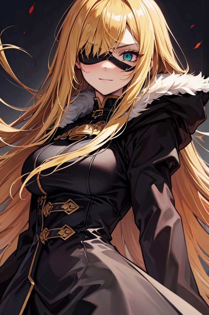((masterpiece)), ((best quality)), 1girl, adult, long hair, ((blonde hair)), very long blonde hair, ((intimidant look)), ((close-up)), profile image, green eyes, black and red clothes, sexy, dark colors, brillant eyes, ((coat with fur)), ((wavy hair)), exposed skin, ((sexy pose)), ((intimidant look)), good anatomy, ((dark sage clothes)), ((straight cut bangs)), emotionless, intimidant, ((beautiful eyes)), dark background, close up, ((detailed eyes)), beautiful eyes, ((detailed face)), hair bang, frontal look, evil, relaxed, smile, magical goddess othinus, detailed face, eyepatch, full body, ((detailed))