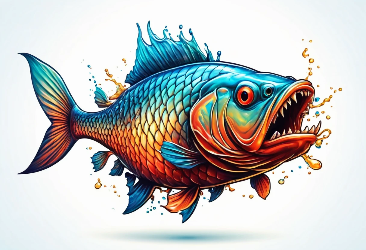 A bighead carp，Faucet，Horns on the head，fear，Scary，Huge teeth，ferocious，（((side view：1.2)))，White background，cartoon，Second Dimension