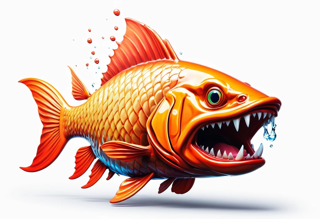 A bighead carp,Faucet,Horns on the head,fear,Scary,Huge teeth,ferocious,(((side view:1.2))),White background,cartoon,Second Dimension