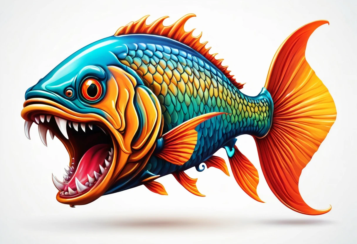 A bighead carp，Faucet，Horns on the head，fear，Scary，Huge teeth，ferocious，（((side view：1.2)))，White background，cartoon，Second Dimension