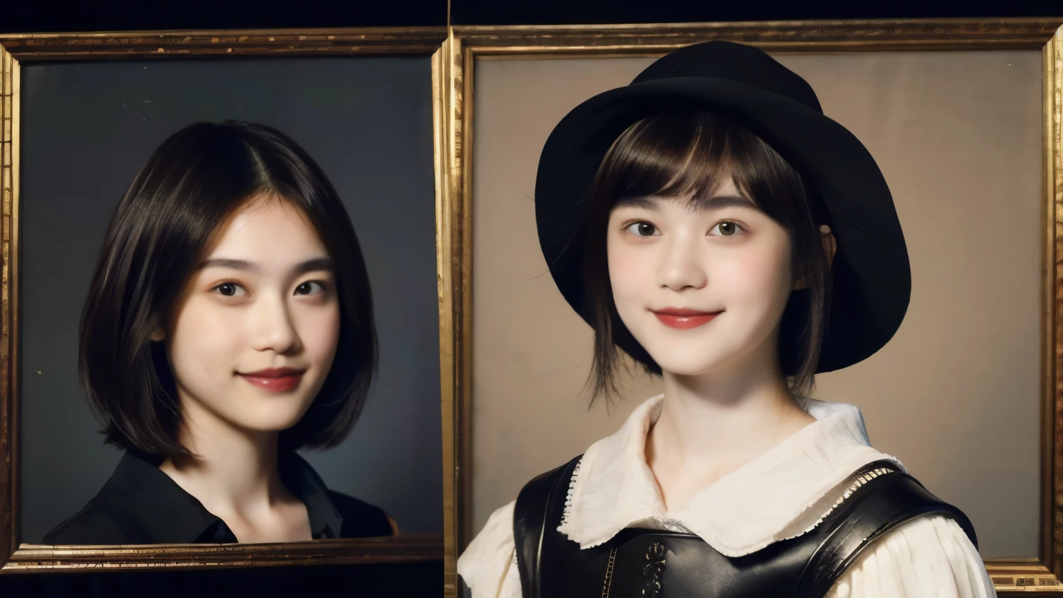 252 (An 18-year-old female and an 18-year-old male), (short hair),kind, lipstick, (Rembrandt-style painting), smile