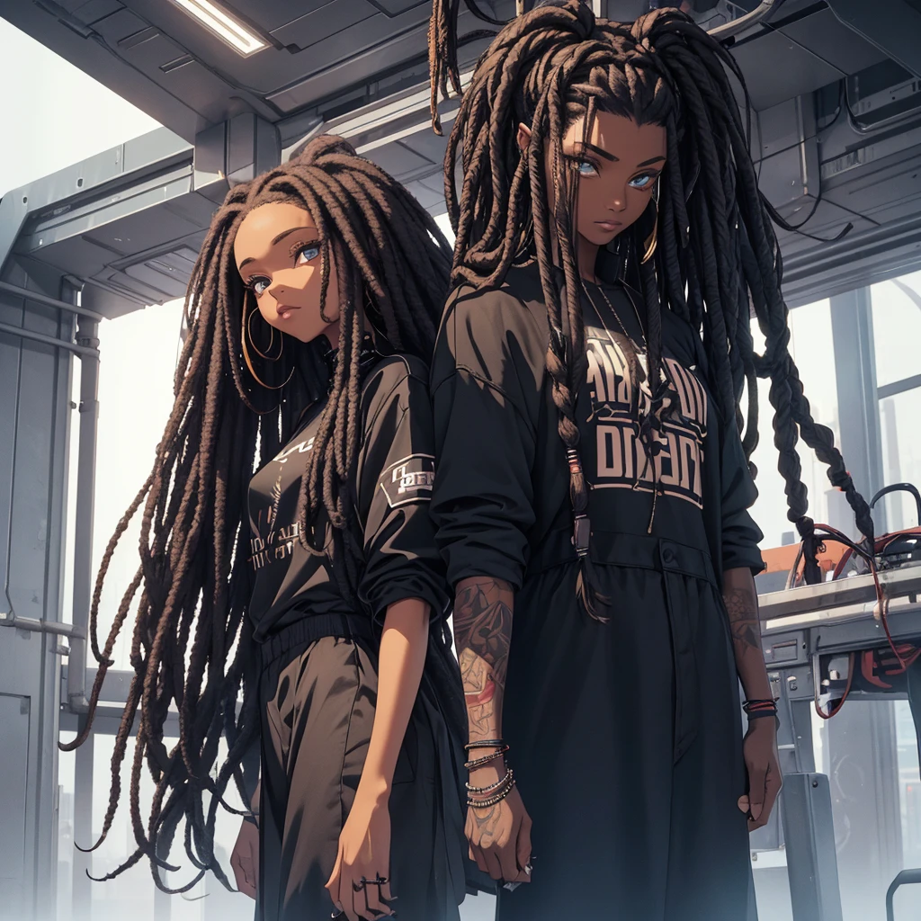 woman. mulatta. He has dreadlocks in his hair. has tattoos. He is wearing black clothes. futuristic scenery