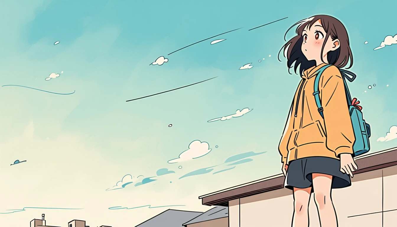 Standing on the roof,Girl with backpack on rooftop,My backpack is full of happy spring,Simple Line Initialism,Abstraction,Urban Background