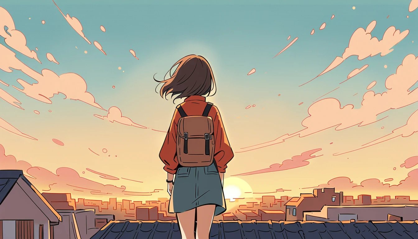 Standing on the roof，Girl with backpack on rooftop，My backpack is full of happy spring，Simple Line Initialism，Abstraction，Urban Background