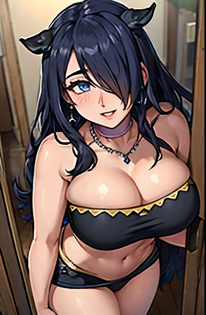 dark hair, crystal blue eyes, open mouth, horny 25 years old, playfully horny, cleavage, low cut tanktop , skirt, standing, coy smile with open parted lips, (blushing:1.3), looking invitingly at the viewer, seductive eyes, facing the viewer, livingroom background, posing in a doorway, (pov), glowing eyes, necklace, earrings, nsfw,