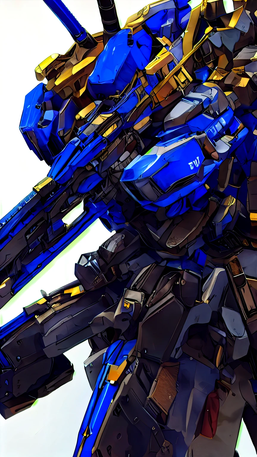 Armored color white and blue with medium-sized gold details, holding a blue sniper, which was half the size of the mechanism. Combat in space