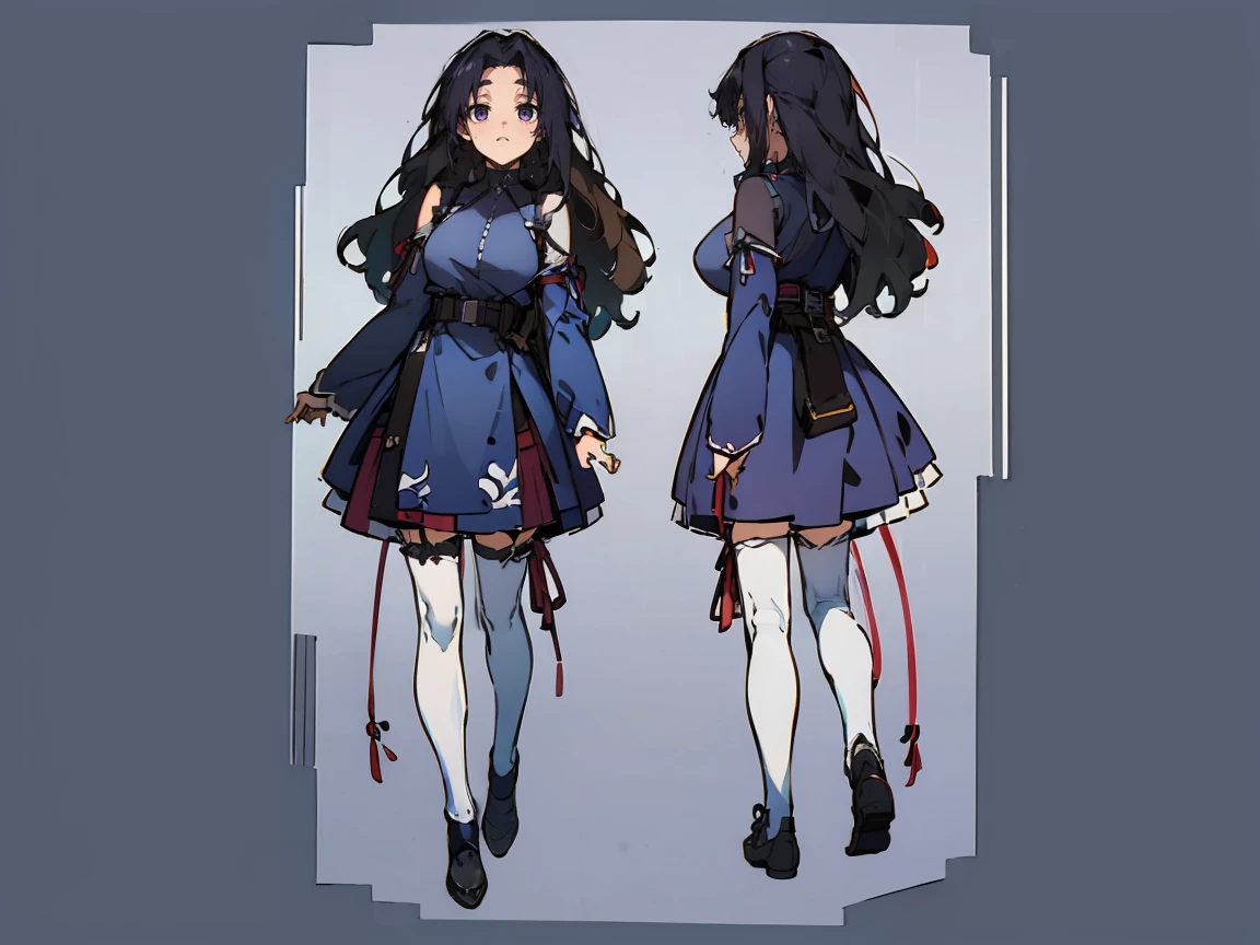 (((three-sided view, front view, side view, back view, multiple views, multiple poses and expressions, many parts)), concept art, character concept art, character sheet, Full body, illustration, (simple background, gray background), 1 character, 1girl, fantasy art:1.1), (reo mikage:0.7), blue lock, girls with((black hair, bangs, (one side up, long wavy hair, ribbon:1.55), perfect hands, perfect fingers, (exposed breasts, tits cleavage, breasts close up:1.2), dress((suspenders, dress, belt, nun:1.15), (blue clothes, frills shirt, no sleeves, sleeveless, frills panniers, long sleeves, white legwear, thighhighs, single thighhighs, single legwear, black footwear, strap shoes:1.42))
