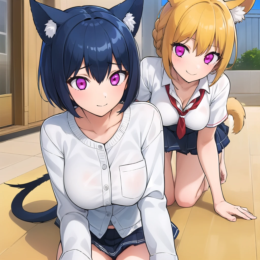 ((((2girl))))),smile,On all fours,naked,Drooping eyes,Estrus,,big breast,((dog ears,dog tail)),