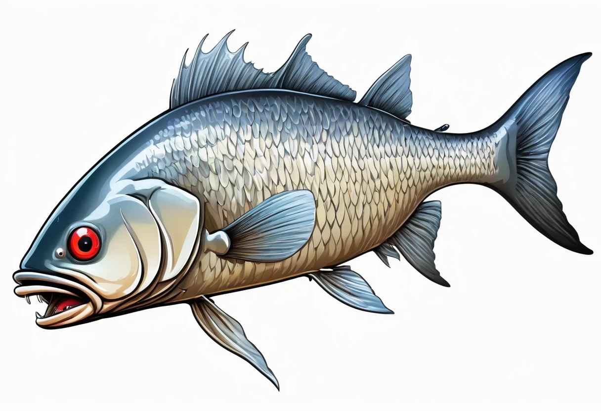 A silver carp,Faucet,Horns on the head,fear,Scary,Huge teeth,ferocious,(((side view:1.2))),White background,cartoon,Second Dimension