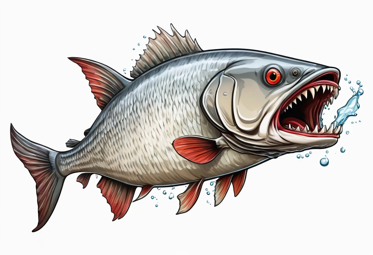 A silver carp,Faucet,Horns on the head,fear,Scary,Huge teeth,ferocious,(((side view:1.2))),White background,cartoon,Second Dimension