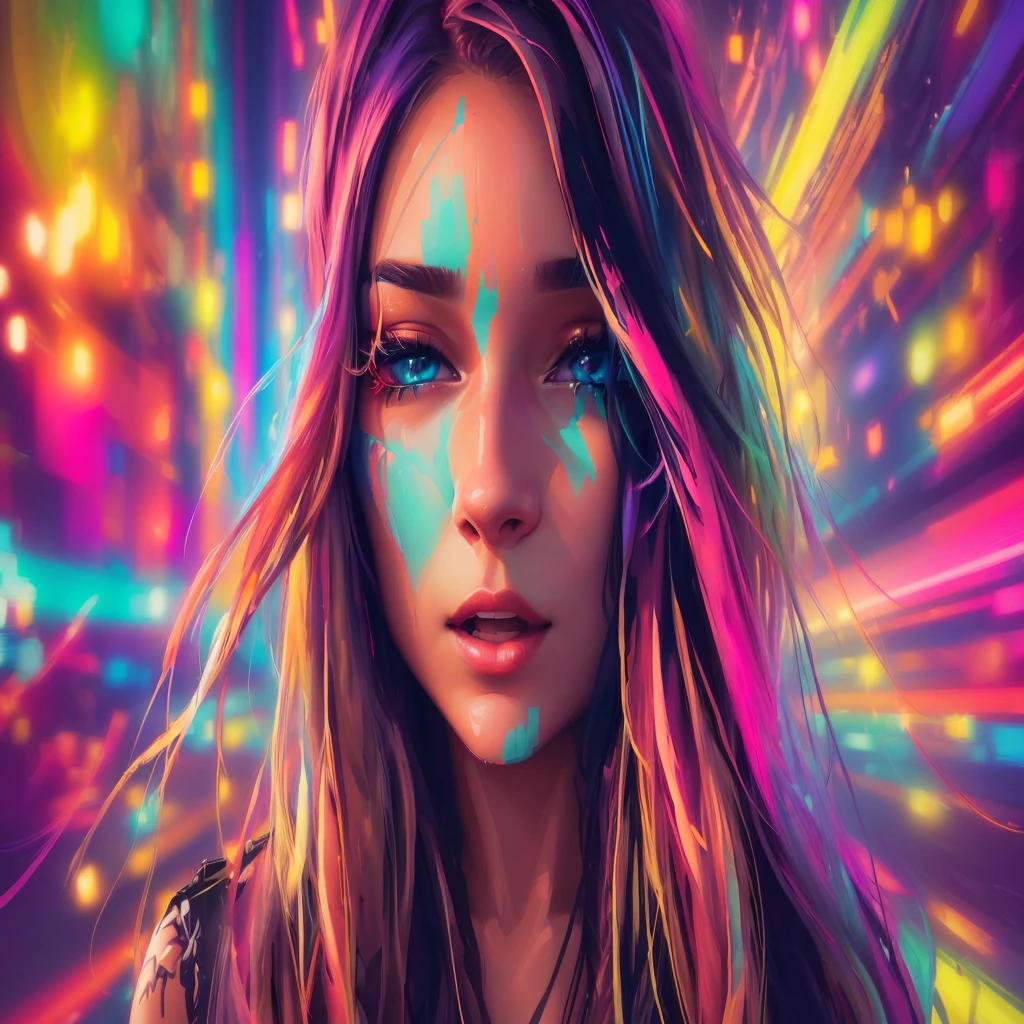 a woman with long hair and bright lights in the background, vibrant digital painting, colorful digital painting, colorful digital art, beautiful art uhd 4 k, digital art 4k, digital art 4 k, colourful digital art, realistic digital art 4k, realistic digital art 4 k, painted digital art, 4k detailed digital art, digital artwork 4 k, digital art style